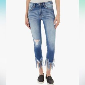 Kancan Women's Mid Rise Distressed Fringed Hem Ankle 3/25